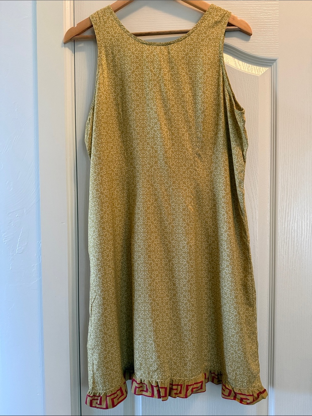 Manuhealii Olive Green Patterned Sleeveless Dress with Red Trim